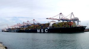 Porti: una portacontainer attraccata al molo di Gioia Tauro